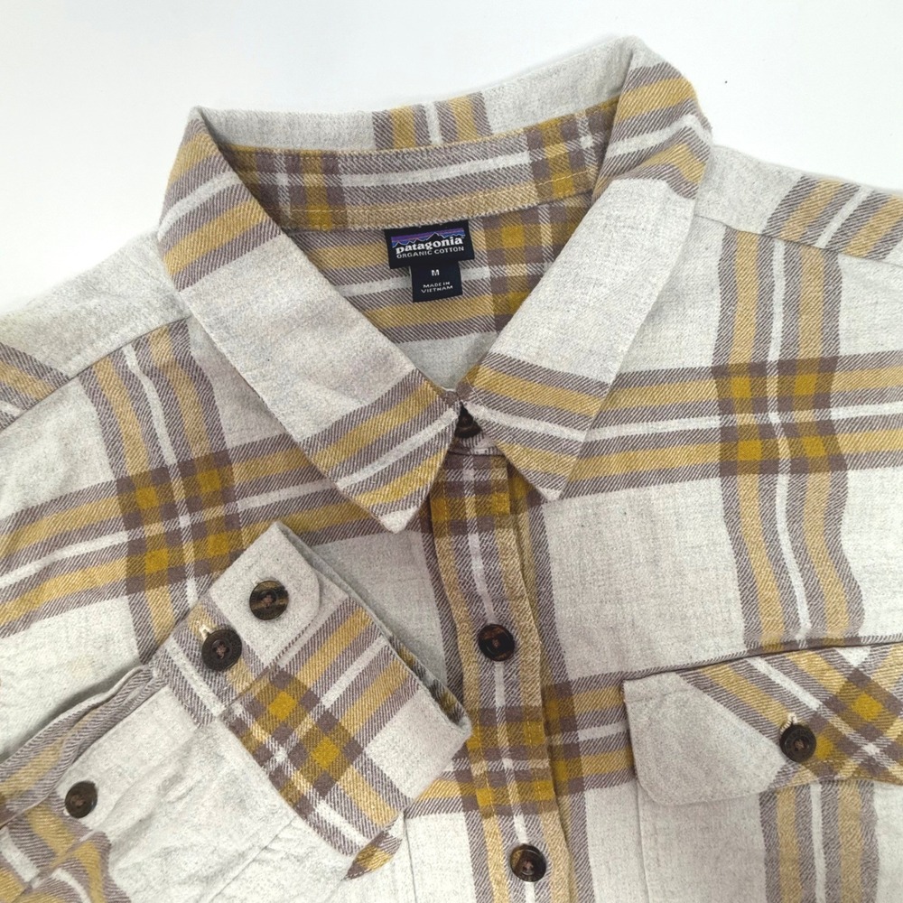 Patagonia Womens Organic Cotton Flannel Plaid Shirt Yellow Cream Brown M 42405
